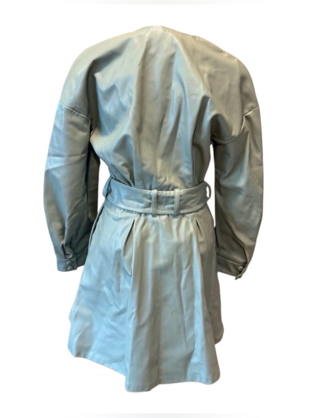 Zara Sage Green Faux Leather Mini Dress Puff Sleeve Belted V-Neck Snap S - Picture 6 of 10